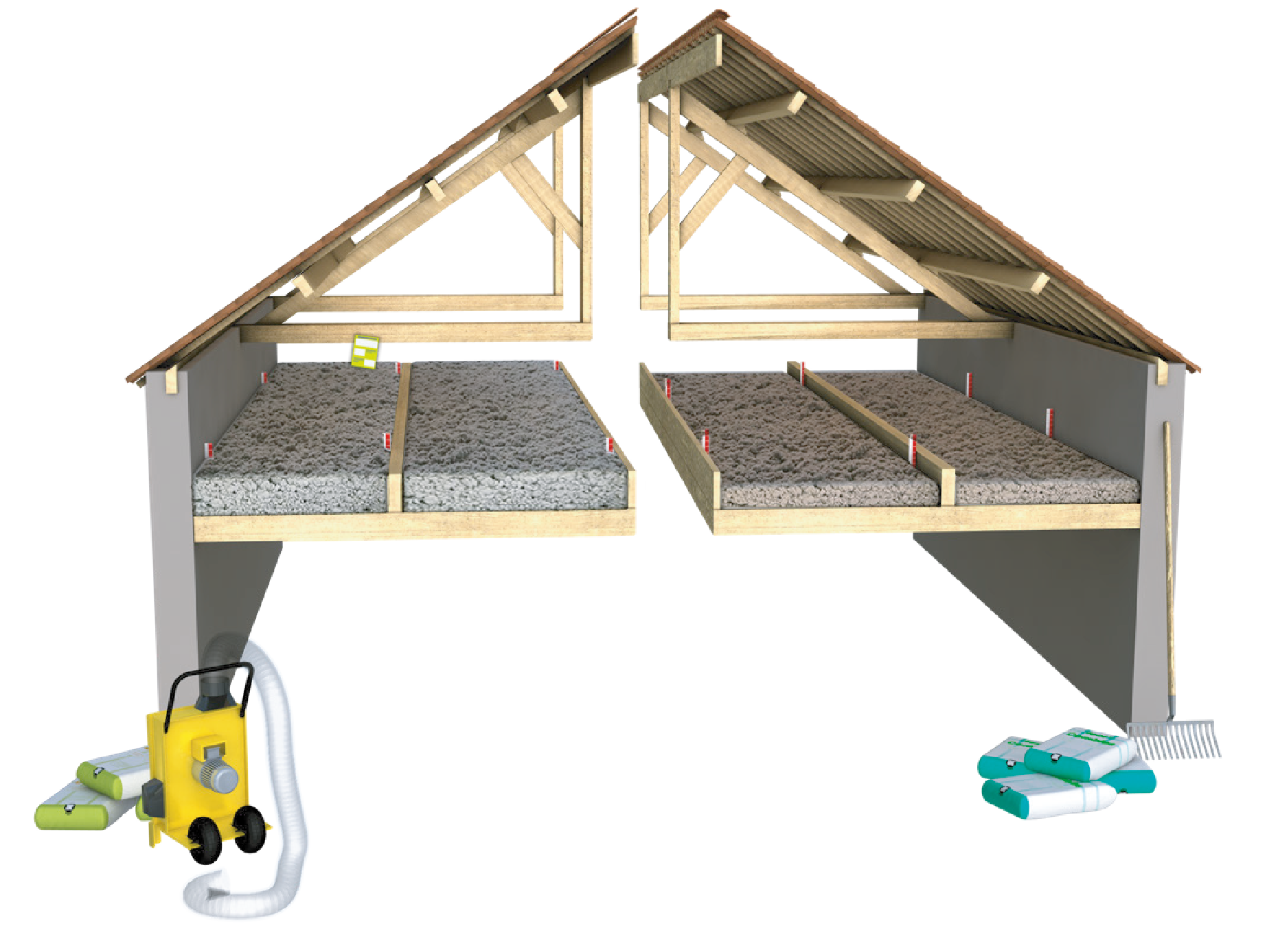 Schéma en coupe d'une maison avec isolation des combles par soufflage avec la machine et les sacs d'isolant