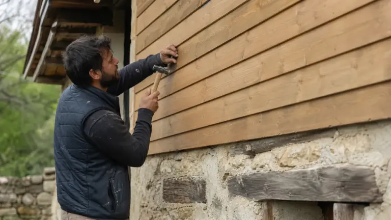 Pose d'un bardage extérieur sur une maison ancienne en pierre