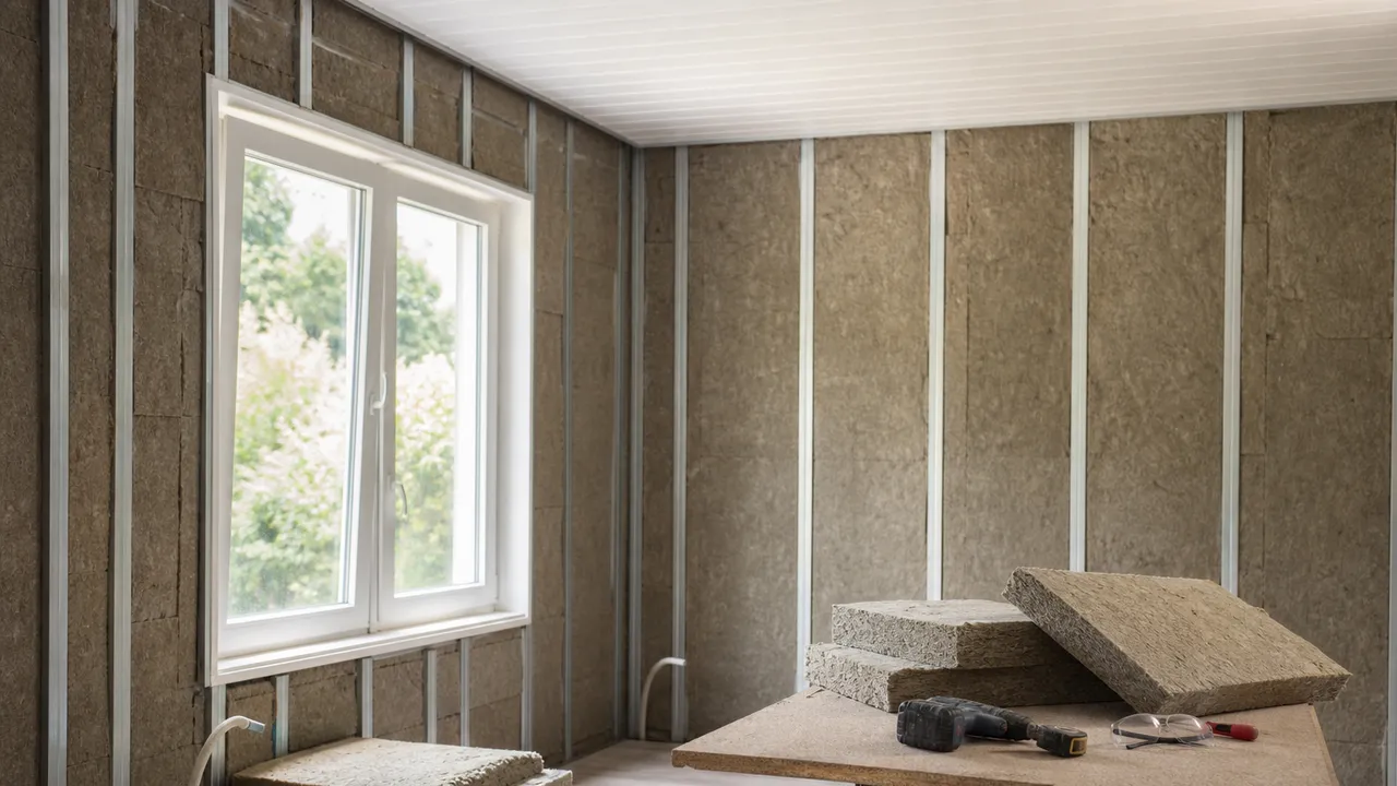 Pièce en cours de rénovation avec isolation et outils