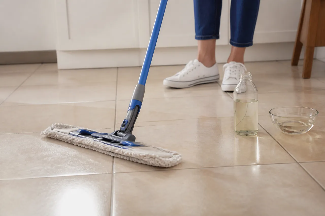 Lavage du carrelage au vinaigre blanc avec une serpillière microfibre