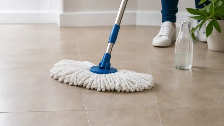 Nettoyage du carrelage au vinaigre blanc avec une serpillière microfibre