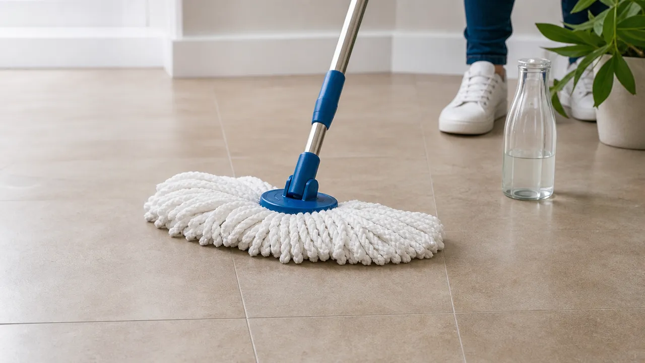 Nettoyage du carrelage au vinaigre blanc avec une serpillière microfibre