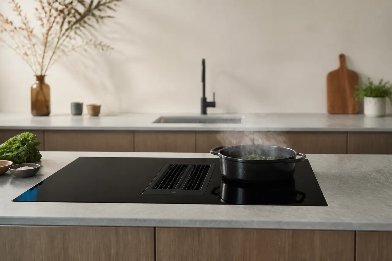 Plaque de cuisson avec hotte intégrée sur plan de travail