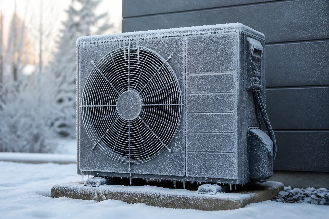 Unité extérieure de pompe à chaleur givrée en hiver