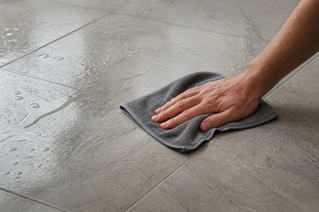 Rinçage du carrelage au vinaigre blanc puis séchage pour éviter les traces